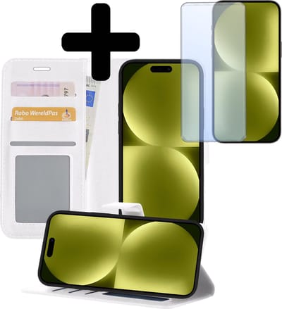Hoesje - Met Screenprotector - Geschikt voor Apple iPhone 15 - Luxe Pasjeshouder - Bookcase Portemonee - Flip Case - Kunstleer Book Case - Flipcase - Book Cover - Walletcase - Portemonneehoes - Telefoonhoesjes - Wit