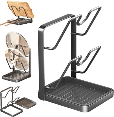 Multifunctioneel Keukenrek Met Dekselhouder Lepelhouder En Afneembare Lekbak Rvs Aanrecht Organizer Voor Spatels Pollepels En Pannen Stijlvol Grijs Design Twee Lagen Compact Opbergsysteem