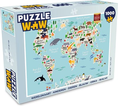 Puzzel Wereldkaart - Kinderen - Dieren - Blauw - Orka - Walvis - Legpuzzel - Puzzel 1000 stukjes volwassenen