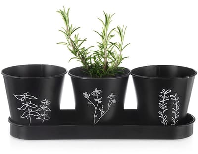Orion Blackline - Kruidenpot - Decoratieve Metalen Potten - 3 Stuks - Op Schotel