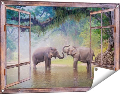 Gards Tuinposter Doorkijk Twee Olifanten in het Water - 90x60 cm - Tuindoek - Tuindecoratie - Wanddecoratie buiten - Tuinschilderij