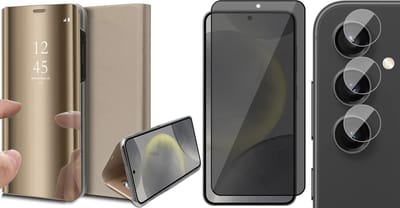 Hoesje geschikt voor Samsung Galaxy S24 - Privacy Screenprotector Volledig Dekkend Glas & Camera - Spiegel Book Case Goud