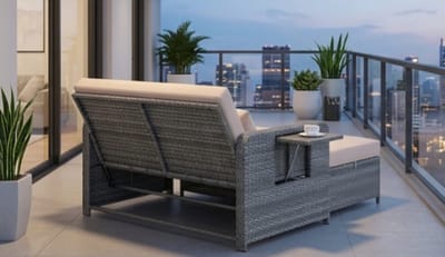 Zonneligbed 2 Personen 166x166x55 cm 3-in-1 met Verstelbare Rugleuning, Opbergruimte en Zijplanken – Polyrotan Loungebed, Tuinbank en Ligstoel met Kussens – Bruin/Grijs Gemêleerd – Bella