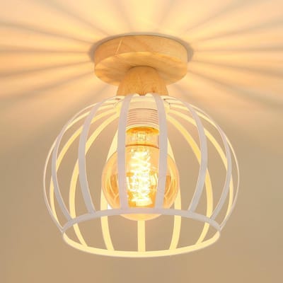 Vintage plafondlamp met houten en ijzeren kooi ontwerp, 20 cm lampenkap, E27 fitting voor gang, slaapkamer en woonkamer verlichting