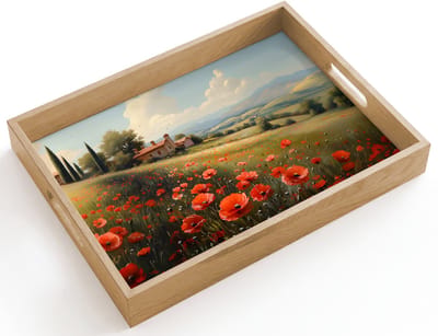 Dienblad hout 40x30 cm - Schootdienblad - Klaprozen - Rood - Heuvels - Landschap - Borrelplank rechthoek - Plateau dienbladen