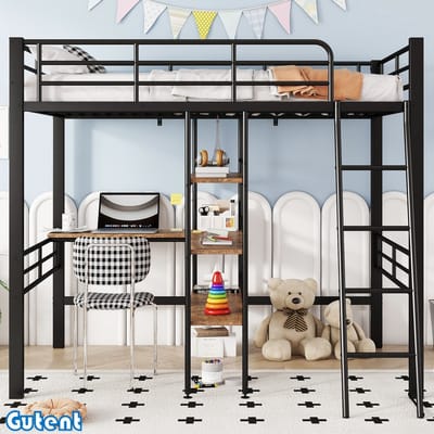 Gutent Hoogslaper-90*200 cm-Geen matras-met-bureau-ijzeren frame-Zwart-Geen stoel