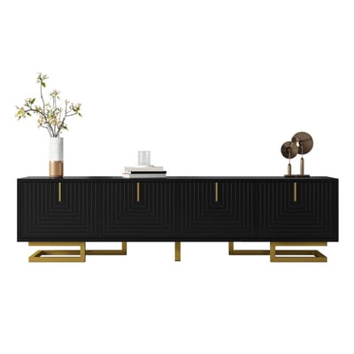 TV-Meubel - Met Structuurdeuren en Gouden Grepen - Lowboard - MDF - Wit