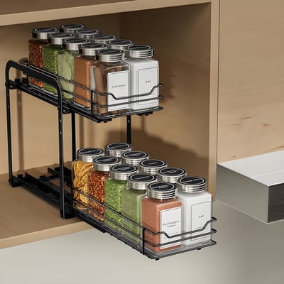 Uitschuifbaar Kruidenrek voor in de Kast - 2 Lagen, Hoogte Verstelbaar, Zwart - Organizer voor Kruidenpotjes - 26.4 x 13.5 x 23.1 cm (L x B x H)