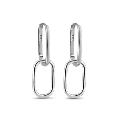 New Bling 9NB-1242 Zilveren Oorringen met Hanger - Rechthoek - Ovaal - Schakel - 15,6x10mm - 28mm Totaal Lengte- 1,9 Dikte - Rhodium - Zilver