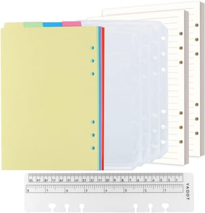 Herbruikbare A5 Notitiepapier Set met 160 Lijnen, 2 Pakketten met 6 Gaten, 5 Kleurrijke Tabs en 4 Enveloppen, Perfect voor Organiseren en Notities Maken