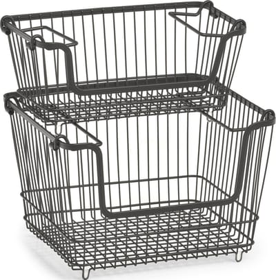2x Zwarte opberg/opruim mandjes stapelbaar 32 en 33 cm - Zeller - Huishouding - Opbergen/opruimen - Opbergmanden/opruimmanden - Manden voor in de kast