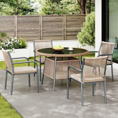 REDOM Tuinmeubelset - Ronde Eettafel En 4 Stoelen Met Armleuningen - Gehard Glas - IJzeren Frame - Grijs - 110 x 110 x 74 cm