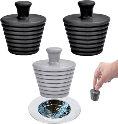 Set van 3 Universele Silicone Afvoerstoppen voor Keuken en Badkamer - Zwart en Grijs, Waterdichte Stopper, Afvoerbescherming, Gemakkelijk te Gebruiken
