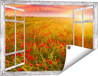 Gards Tuinposter Doorkijk Rode Klaproos Bloemenveld - Zonsondergang - 60x40 cm - Tuindoek - Tuindecoratie - Wanddecoratie buiten - Tuinschilderij
