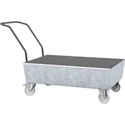 Opvangbak ASECOS, staal, verrijdbaar, met rooster, opvangbakinhoud 200 l, B 850 x D 1450 x H 1150 mm, gegalvaniseerd