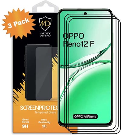 3-Pack MobyDefend Screenprotectors - Geschikt voor Oppo Reno12 F - Screensaver Met Zwarte Randen - Gehard Glas