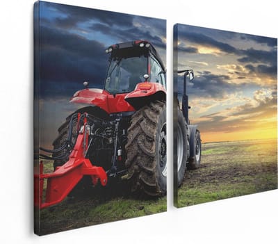Artaza Canvas Schilderij Tweeluik Rode Tractor bij Zonsondergang - Trekker - 120x80 - Foto Op Canvas - Canvas Print