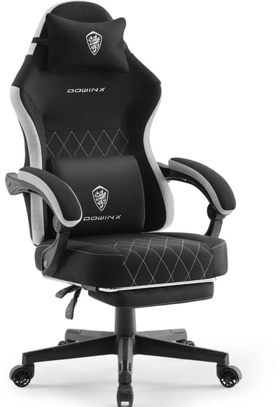 Dowinx Gamingstoel van Stof - Ergonomische Bureaustoel met Pocketvering - Massage Lendenkussen - Voetensteun - Verstelbare Rugleuning - 135 kg - Zwart