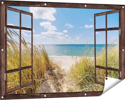 Gards Tuinposter Doorkijk Strand en Zee vanuit Duinen - 120x80 cm - Tuindoek - Tuindecoratie - Wanddecoratie buiten - Tuinschilderij