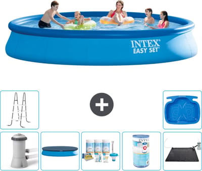 Intex Rond Opblaasbaar Easy Set Zwembad - 457 x 84 cm - Blauw - Inclusief Pomp - Afdekzeil - Onderhoudspakket - Filter - Solar Mat - Ladder - Voetenbad - 8-delig