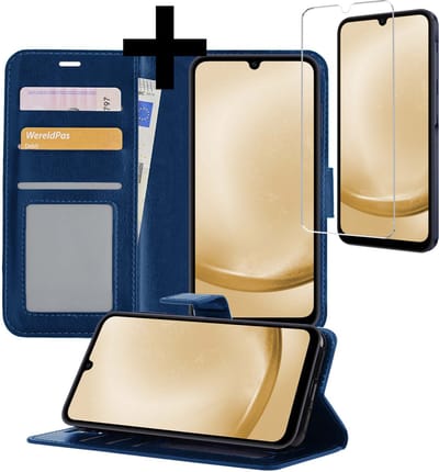 Hoesje - Met Screenprotector - Geschikt voor Samsung Galaxy A25 - Luxe Pasjeshouder - Bookcase Portemonee - Flip Case - Kunstleer Book Case - Flipcase - Book Cover - Walletcase - Portemonneehoes - Telefoonhoesjes - Donkerblauw