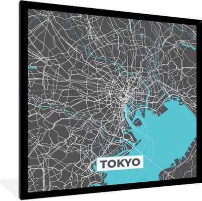 Fotolijst incl. Poster - Tokyo - Blauw - Stadskaart - Kaart - Plattegrond - 40x40 cm - Posterlijst