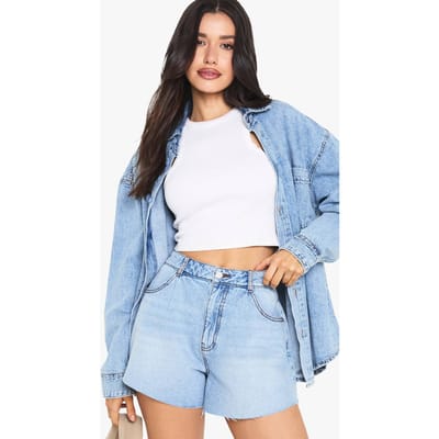 boohoo Dames Hoge Flippy Wijde Been Denim Short | Licht Gebleekt | Maat: 38