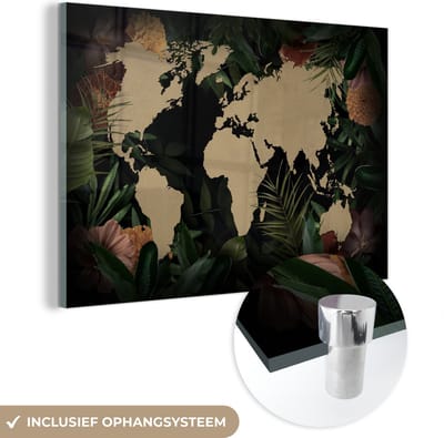 ® Glasschilderij 150x100 cm - Schilderij acrylglas - Wereldkaart - Planten - Bloemen - Foto op glas - Muurdecoratie woonkamer - Wanddecoratie slaapkamer - Schilderijen