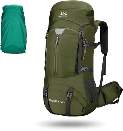 CarryQuest® 60L Hiking Rugzak - Waterdichte Trekking Backpack met Regenhoes, Drinksysteem, MOLLE-Systeem & Front-/Toploader - Legergroen