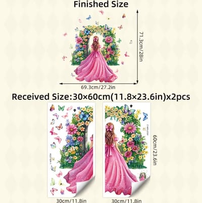 Zelfklevende Muursticker – Prinses met Bloemen & Vlinders – 2-Delige Set