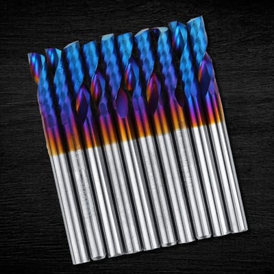 Lot de 10 fraises à spirale en carbure de tungstène, 3,175 mm, revêtement nano bleu, tige simple, lame unique, outils de gravure