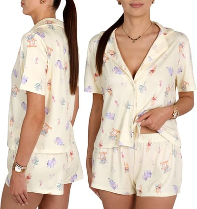DISNEY Winnie de Poeh Botergeel damespyjama met knopen, tweedelige pyjama voor de zomer, met korte mouwen