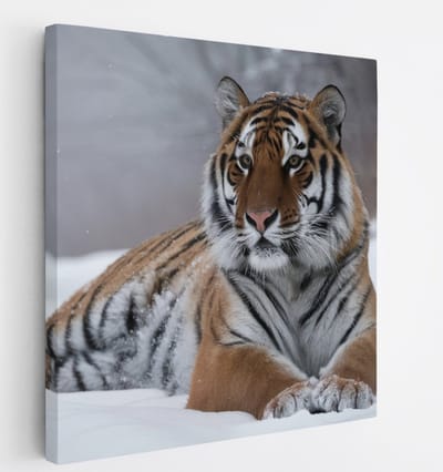Saammp Canvas Schilderij - Tijger in de sneeuw - Natuur - Dieren - 20x20 - Foto op canvas - Wanddecoratie - muurdecoratie Woonkamer - Slaapkamer decoratie - Canvas Print