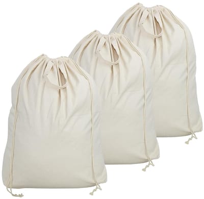 Dailygoods- Waszakken 3-pack - Katoenen Canvas - Trekkoord - Handgrepen - Grote Capaciteit 46 x 26 x 70 cm - Geschikt voor Opbergen - Opbergtas