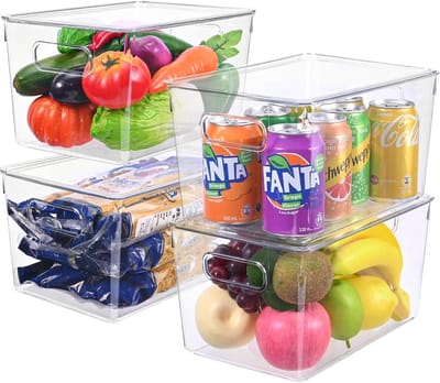Famanu - Koelkastorganizer, 4 stuks, grote bakjes, transparant, voor het bewaren van levensmiddelen, koelkastorganizer, ideaal voor keuken, kasten