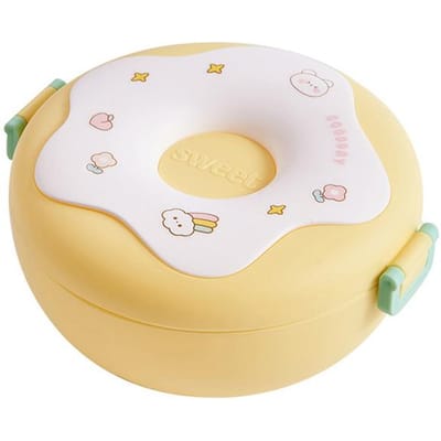 Lunchbox voor schoolkinderen, snackbox, donut, cartoon, lekvrije bentobox, 3-compartimentenvoedselcontainer geel