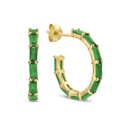 New Bling 9NB-0926 Zilveren Halve Oorringen - Dames - Zirkonia - Baquette - 19 mm Doorsnee - Groen - Goudkleurig