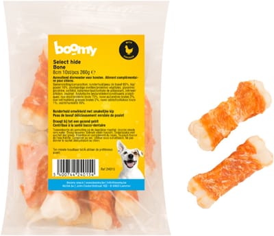 Boomy - Bot met Kip - Natuurlijke hondensnacks van runderhuid met malse kip - Hondensnoepjes - Kauwbot hond - 8cm - 10st