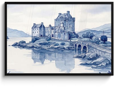 Poster in lijst - Fotolijst 120x80 cm - Posters - Schots - Kasteel - Blauw - Aquarel - Posterlijst zwart - Decoratie - Wanddecoratie woonkamer - Muurdecoratie slaapkamer