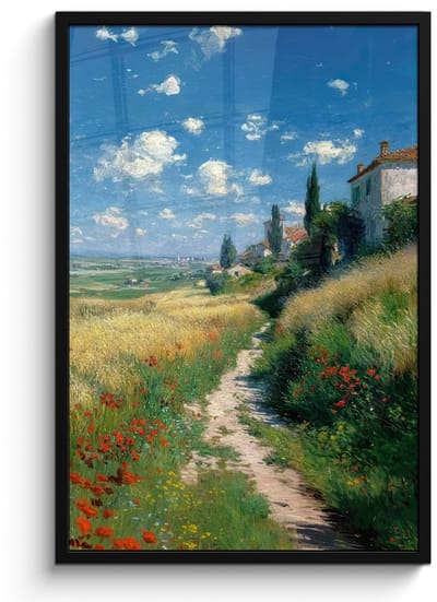 Poster in lijst - Fotolijst 60x90 cm - Posters - Zandpad - Huis - Bomen - Grasveld - Posterlijst zwart - Decoratie - Wanddecoratie woonkamer - Muurdecoratie slaapkamer