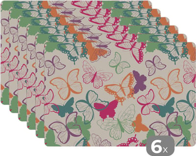 Placemat - Placemats kunststof - Vlinders - Patronen - Insecten - 45x30 cm - 6 stuks - Hittebestendig - Anti-Slip - Onderlegger - Afneembaar
