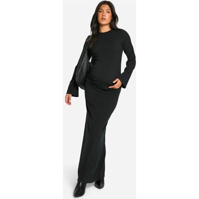 boohoo Dames Zwangerschapsjurk met geribbelde stof, ronde hals, uitlopende mouwen en column-silhouet maxi-jurk | Zwart | Maat: 36