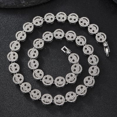 Collier Chaîne Tennis Ronde Hip Hop Visage Souriant Iced Out Bling Bracelet Mode Charme Zircon Brillant Bijoux