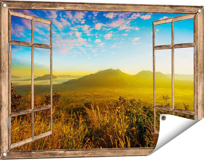 Gards Tuinposter Doorkijk Bergen met Mist in Thailand - 90x60 cm - Tuindoek - Tuindecoratie - Wanddecoratie buiten - Tuinschilderij