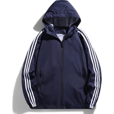 Sportjack met capuchon voor heren voor lente en herfst, casual veelzijdig herenjack, drie strepen, enkel kledingstuk, glansplaat 5XL blauw
