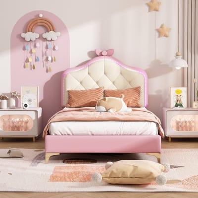 MEUNIQ eenpersoonsbed 90x200 cm met golvend hoofdbord, roze strik en meerkleurige LED-lichtstrip, kinderbed met houten lattenbodem en kunstleren bekleding in roze en wit