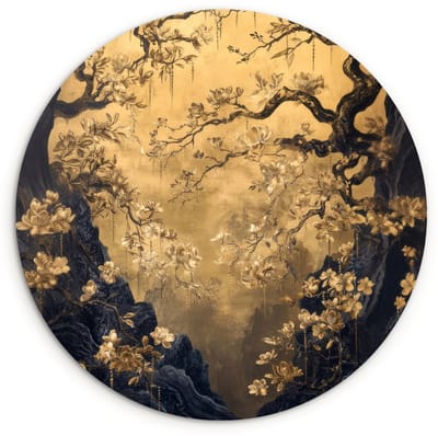 WallCircle® Wandcirkel 120x120 cm - Muurcirkel Bloemen - Takken - Goud - Sierlijk - Muurdecoratie woonkamer - Wanddecoratie slaapkamer - Kamer decoratie accessoires - Ronde schilderijen XXL