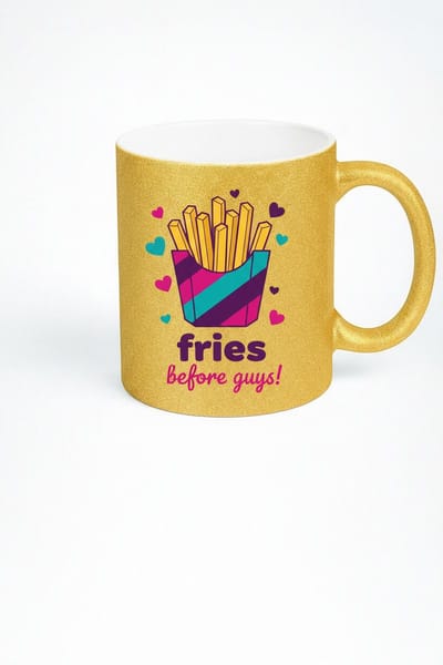 Gouden Glitter Mok 'Fries Before Guys!' Opdruk - Grappig Frietjes Cadeau Dames