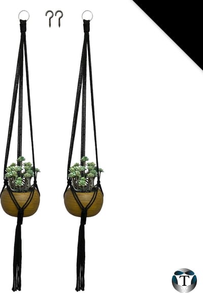 Luxe Plantenhangers | Zwart | Set van 2 stuks | Incl. Ophanghaken | 100% Katoen | 100% Handgemaakt | Macramé | Plantenpot Ophangen | Binnen & Buiten | Planten | TheOldOmen |