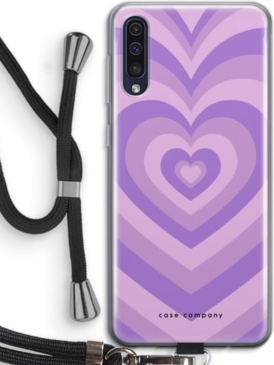 Case Company® - Hoesje met koord geschikt voor Samsung Galaxy A50 hoesje met Koord - Hart Paars - Telefoonhoesje met Zwart Koord - Bescherming aan alle Kanten en Over de Schermrand